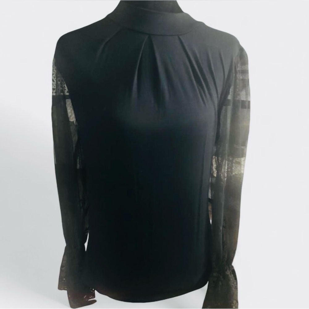 Willow Young Contemporary Black Lace Bell Sleeve Blouse Sheer Sleeve Top - Picture 2 of 3